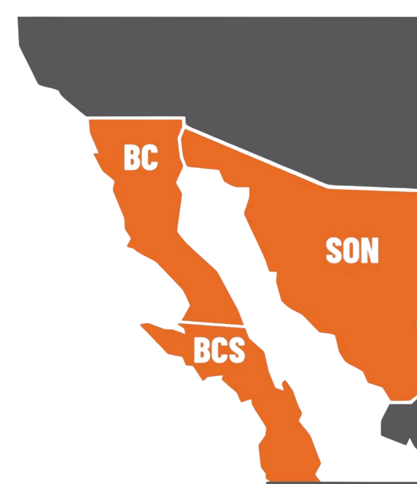 Mapa del noroeste de México con Baja California, Sonora y Baja California Sur resaltados en naranja
